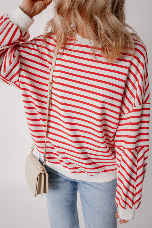 Orange Stripe Drop Shoulder Crew Neck Loose Sweatshirt - Viraxa