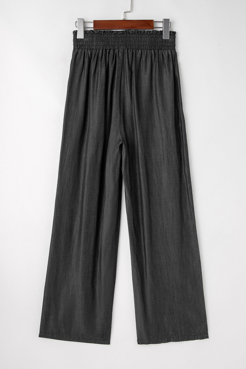Black Side Pockets Frilled Smocked High Waist Wide Leg Jeans - Viraxa