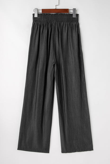 Black Side Pockets Frilled Smocked High Waist Wide Leg Jeans - Viraxa