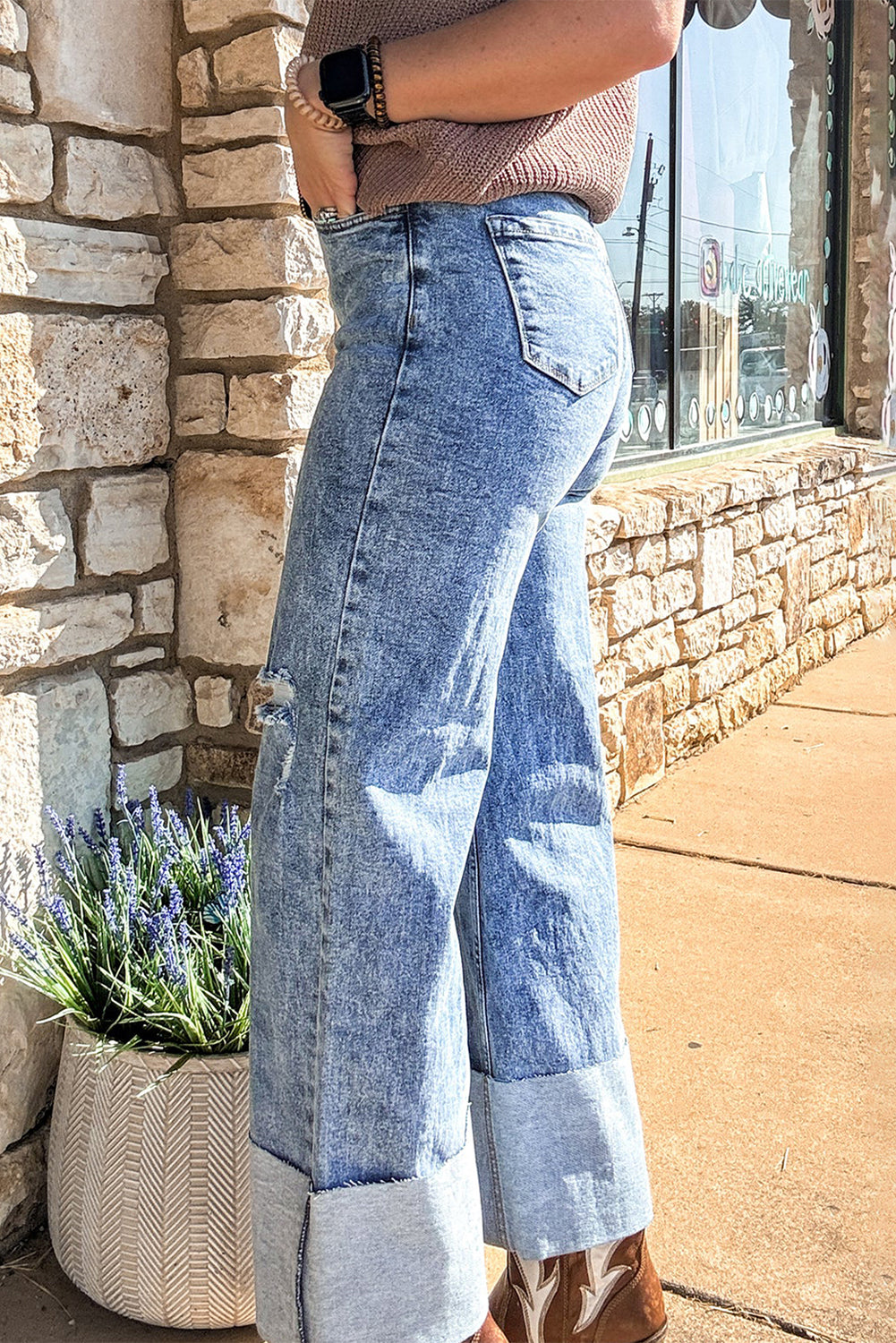 Ashleigh Blue Mineral Wash Bottom Cuff Distressed Wide Leg Jeans - Viraxa