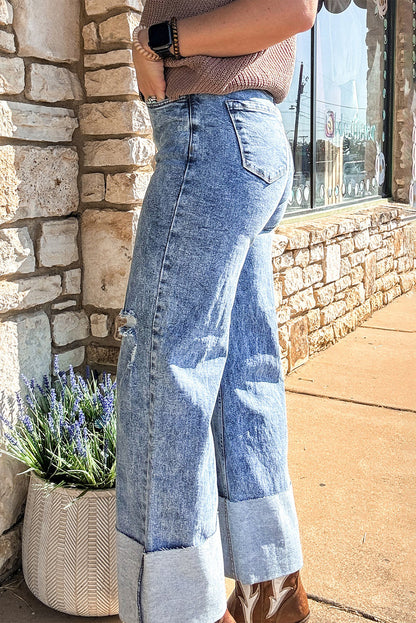 Ashleigh Blue Mineral Wash Bottom Cuff Distressed Wide Leg Jeans - Viraxa