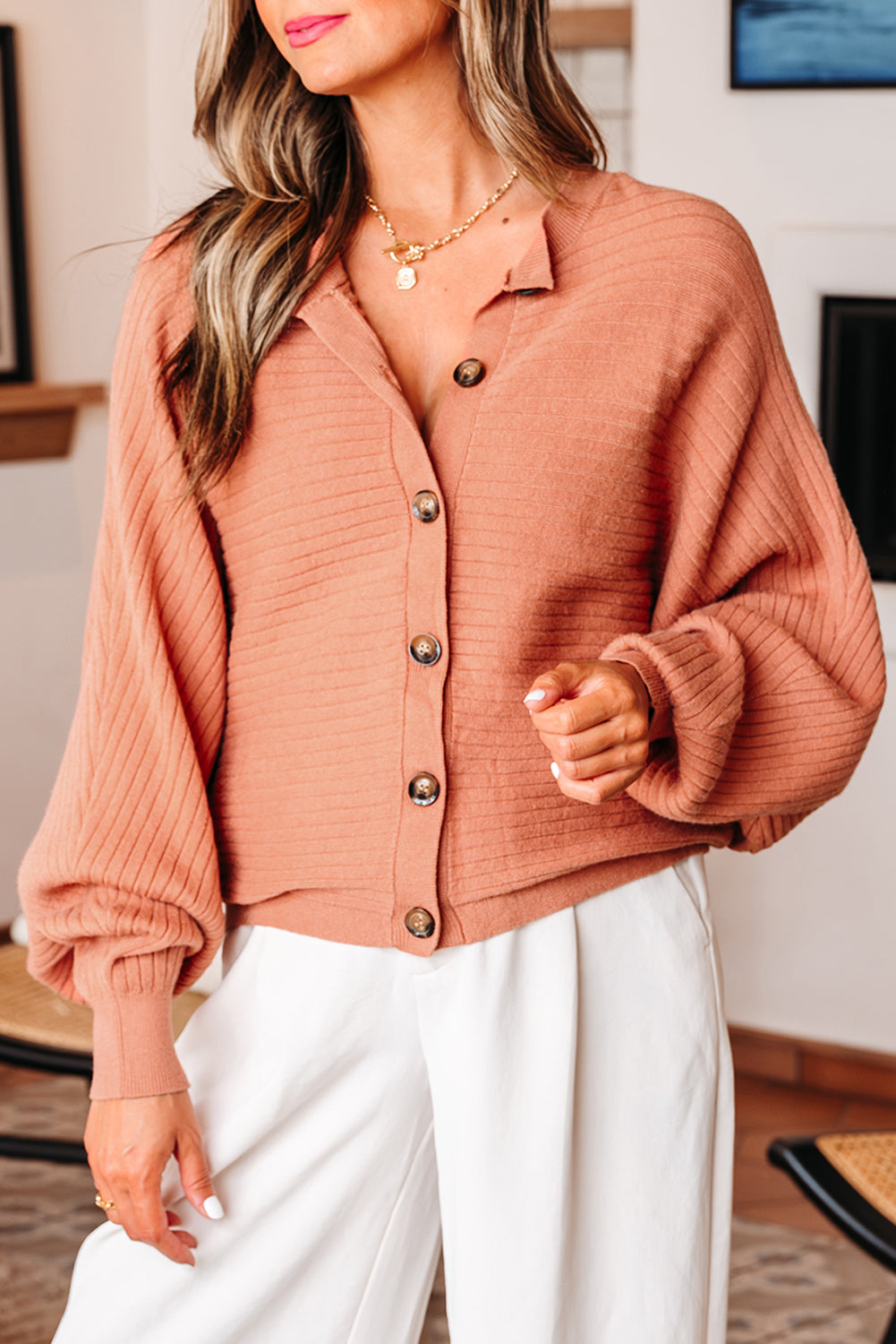 Apricot Pink Wide Rib Knit Button Front Dolman Sleeve Sweater Cardigan - Viraxa