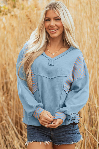 Dusk Blue Exposed Seam Waffle Striped Patchwork Baggy Pullover
