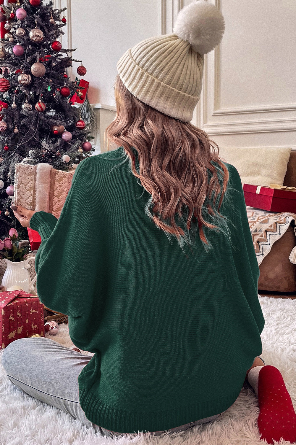 Blackish Green Merry Letter Embroidered High Neck Sweater - Viraxa