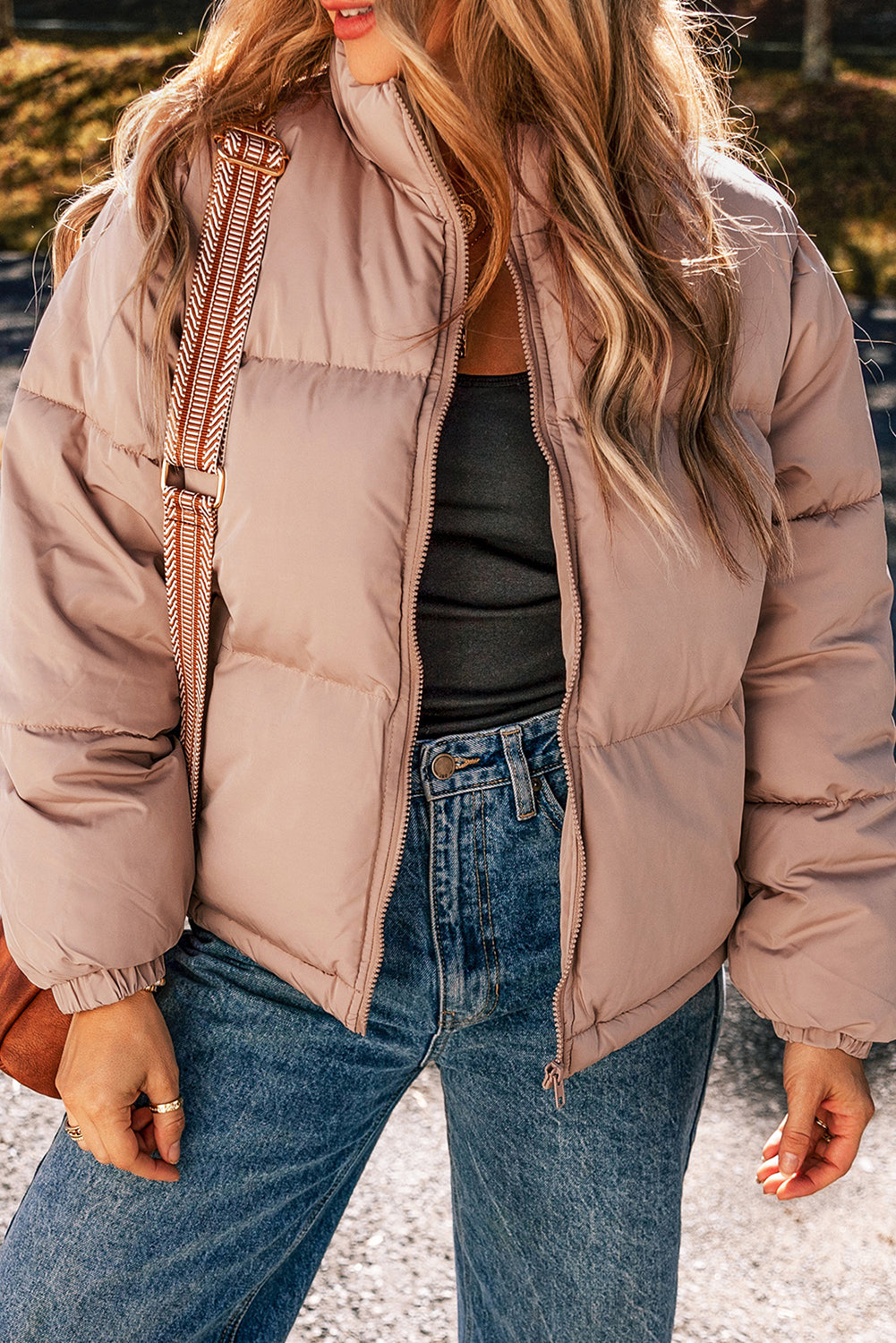 Apricot Pink Full Zipper Quilted Puffer Jacket - Viraxa