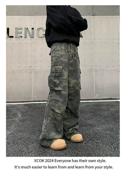 American Vintage Crumpled Multi-pocket Washed Camouflage Cargo Pants