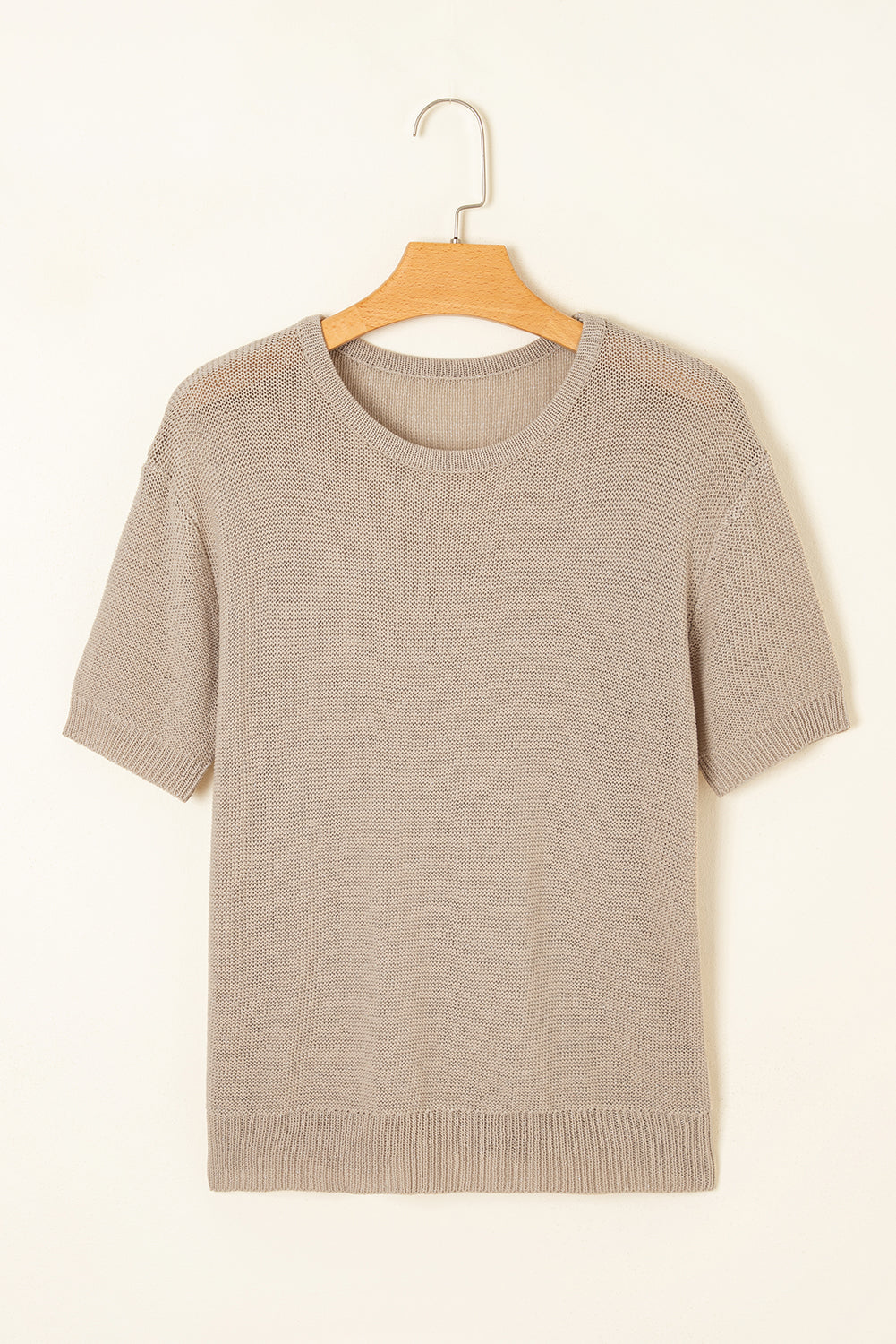 Beige Shiny Knitted Short Sleeve Drop Shoulder Sweater - Viraxa