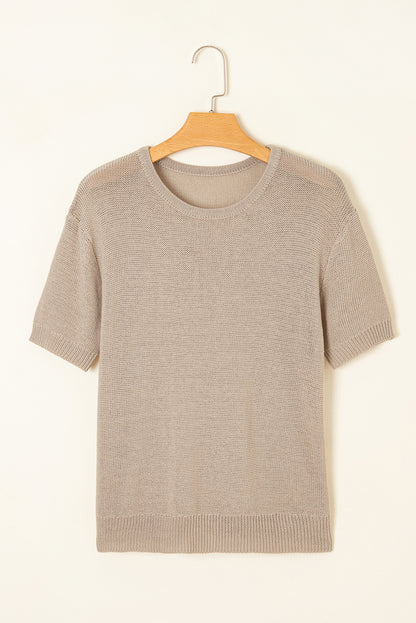Beige Shiny Knitted Short Sleeve Drop Shoulder Sweater - Viraxa