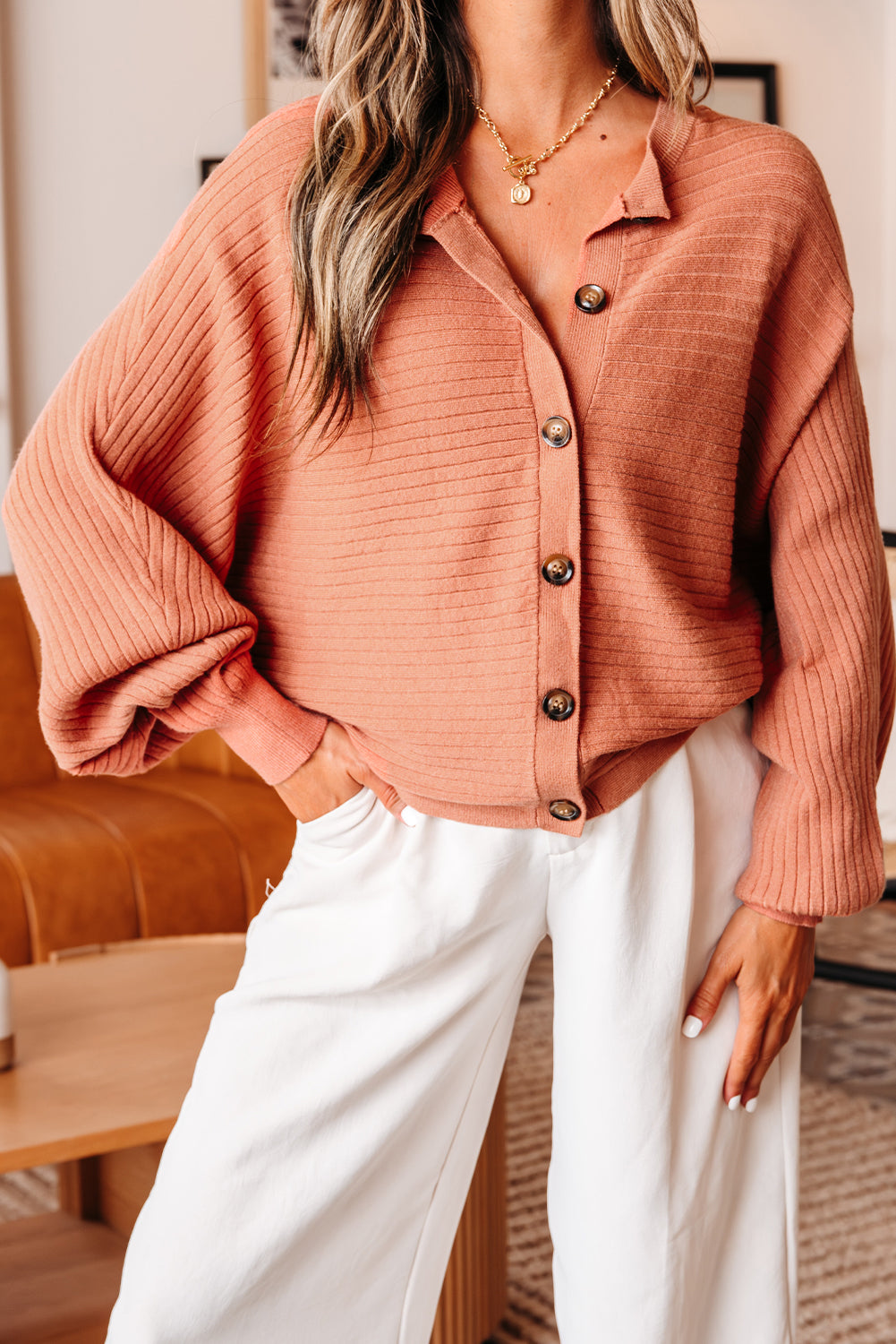 Apricot Pink Wide Rib Knit Button Front Dolman Sleeve Sweater Cardigan - Viraxa
