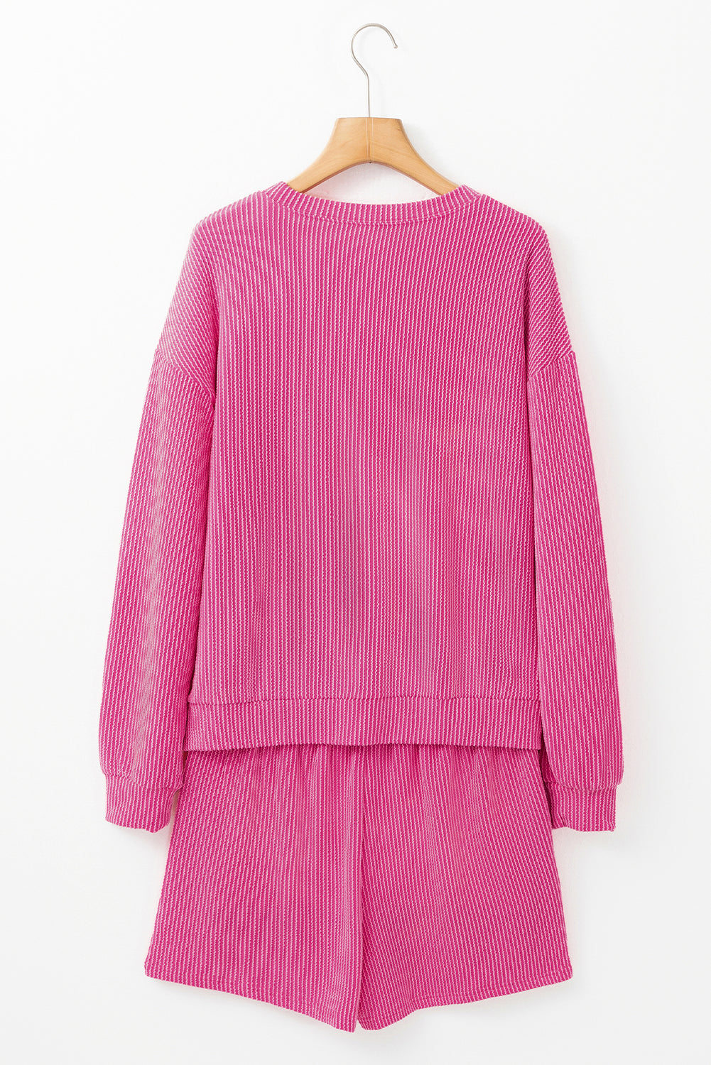 Strawberry Pink Corded Textured Long Sleeve Top and Shorts Set - Viraxa