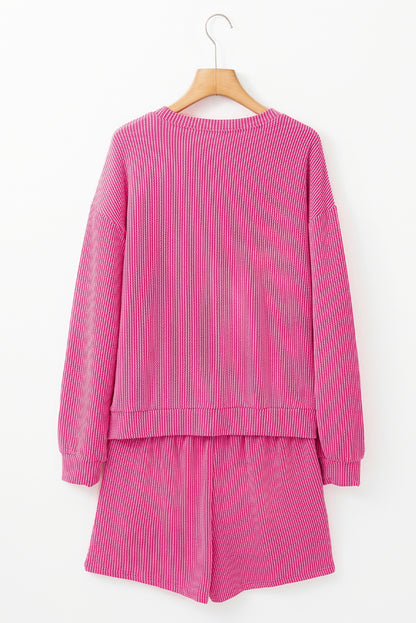 Strawberry Pink Corded Textured Long Sleeve Top and Shorts Set - Viraxa