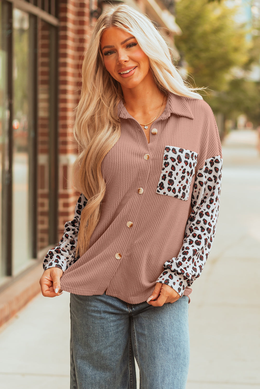 Dark Khaki Leopard Patched Twisted Ribbed Western Casual Shacket - Viraxa