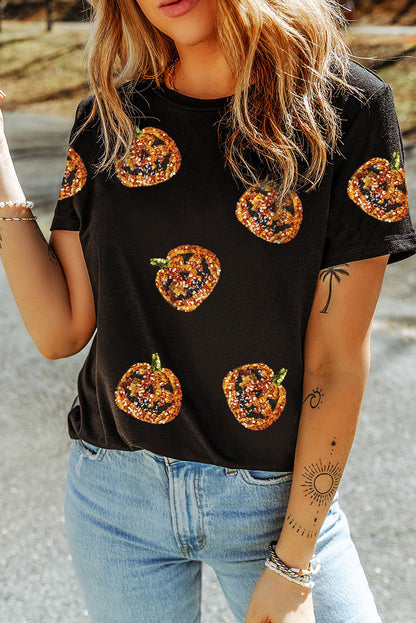 Black Sequin Pumpkin Face Halloween T Shirt - Viraxa