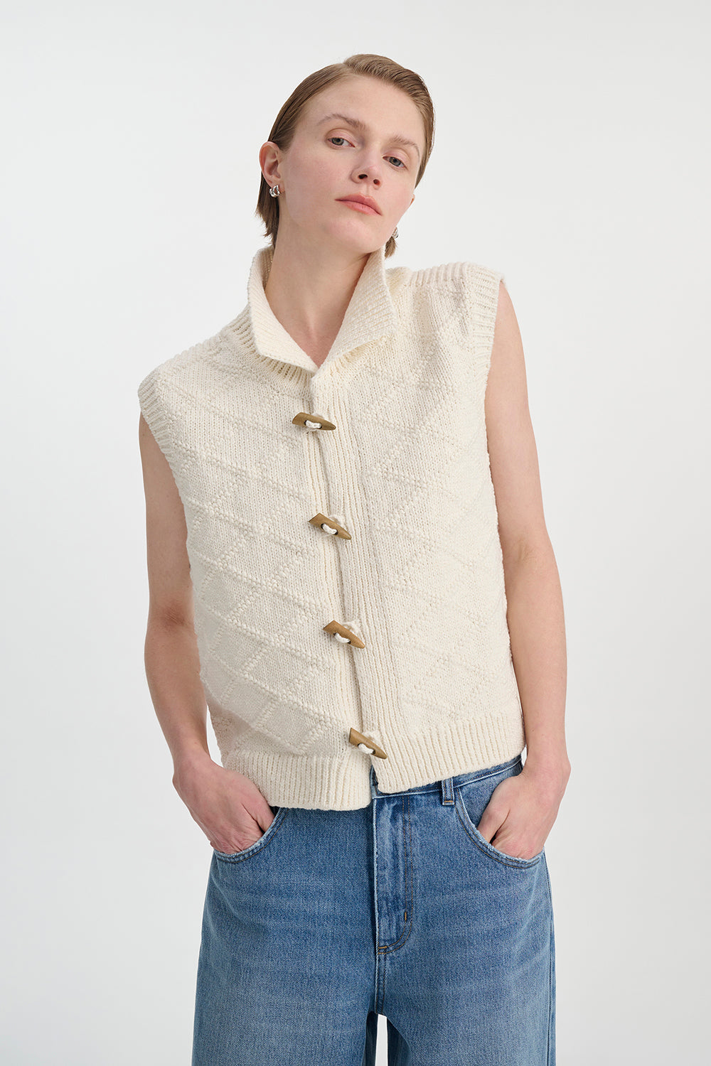 Vintage Cotton Texture Diamond Lattice Woven Cardigan Vest
