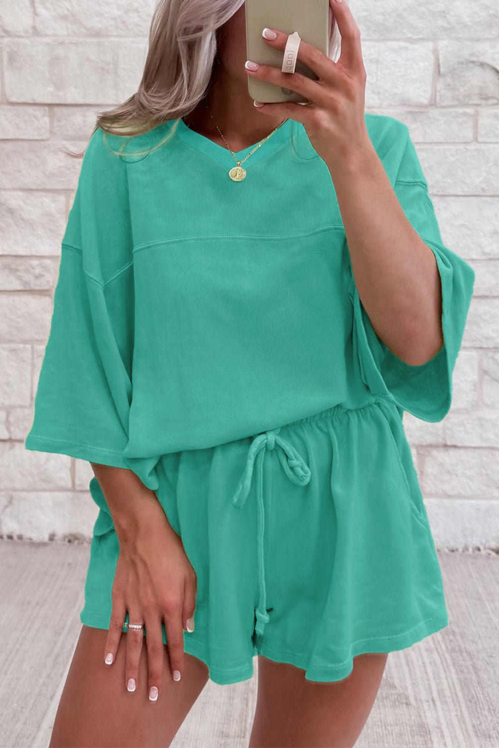 Sea Green Solid Loose V Neck Half Sleeve Tee and Shorts - Viraxa