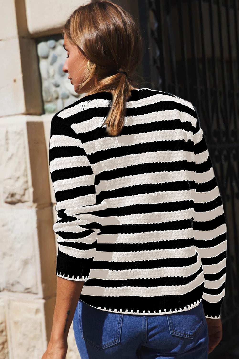 White Stripe Chic Golden Button Cardigan Sweater - Viraxa