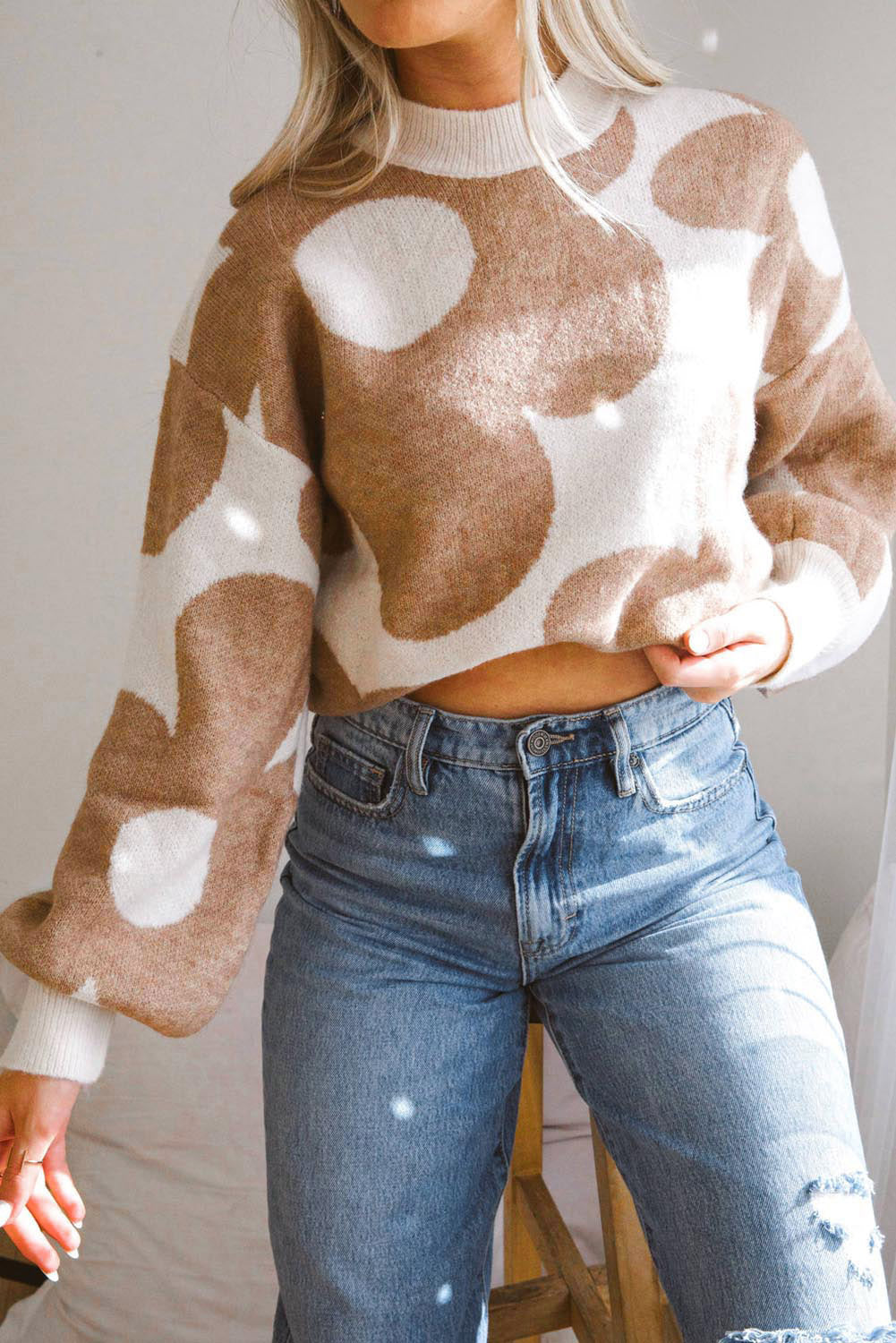 Khaki Big Flower Pattern Drop Shoulder Sweater - Viraxa