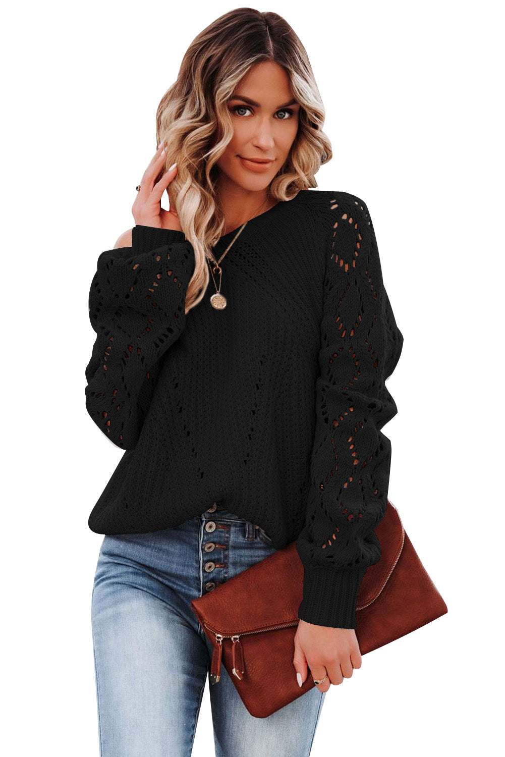Black Hollow-out Puffy Sleeve Knit Sweater - Viraxa