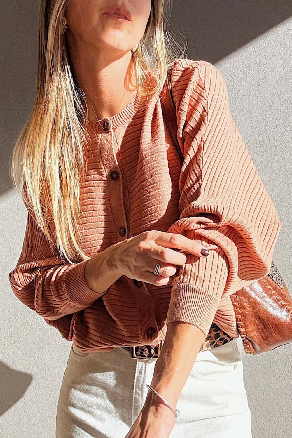 Apricot Pink Wide Rib Knit Button Front Dolman Sleeve Sweater Cardigan - Viraxa