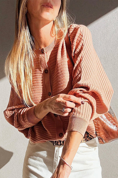 Apricot Pink Wide Rib Knit Button Front Dolman Sleeve Sweater Cardigan - Viraxa