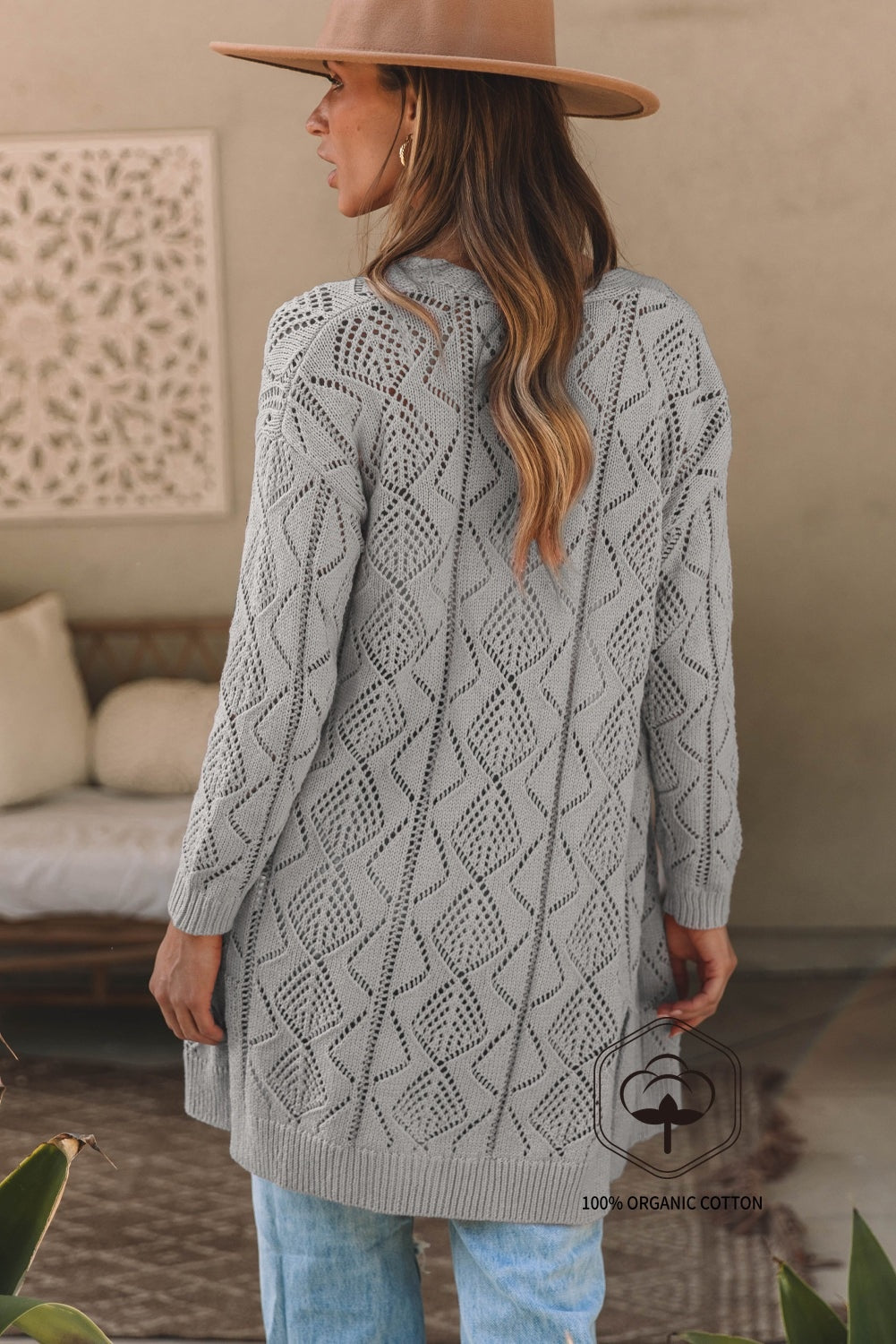 Gray Hollow-out Openwork Knit Cardigan