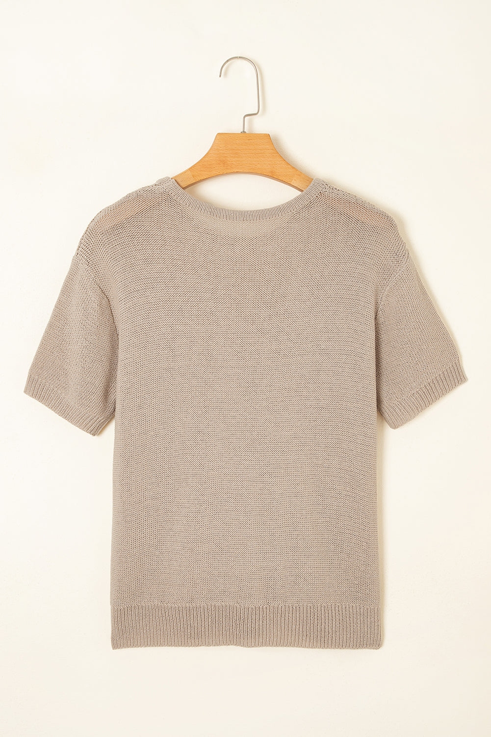 Beige Shiny Knitted Short Sleeve Drop Shoulder Sweater - Viraxa