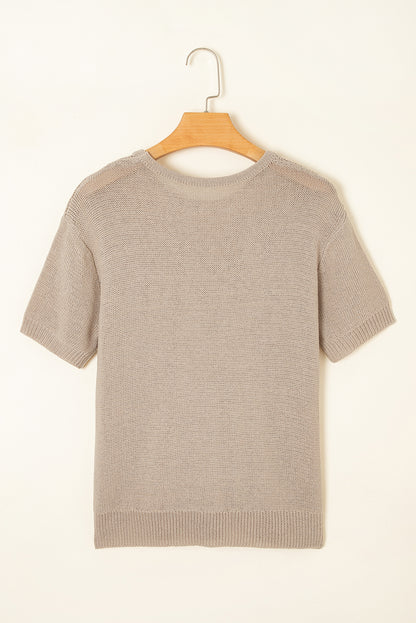 Beige Shiny Knitted Short Sleeve Drop Shoulder Sweater - Viraxa