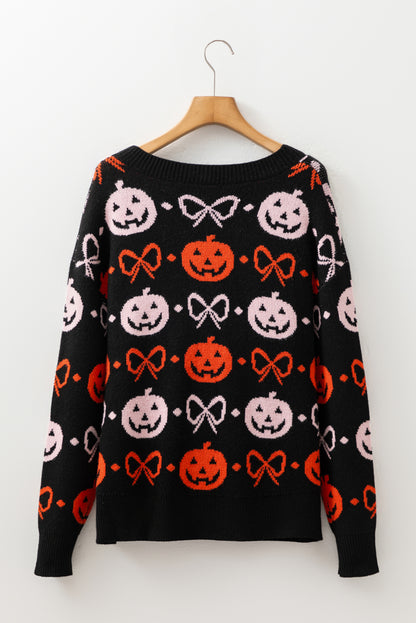 Black Halloween Pumpkin Bow Knit Button V Neck Sweater Cardigan - Viraxa
