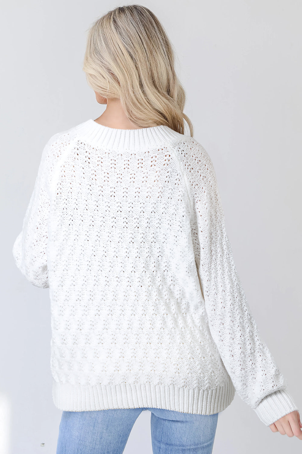 White Textured Knit Ribbed Edge V Neck Loose Sweater - Viraxa