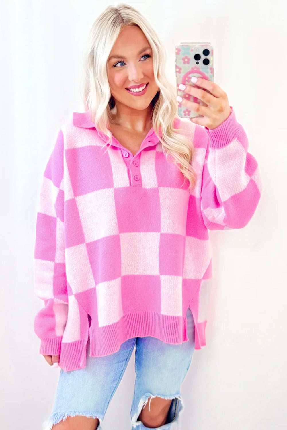 Pink Checkerboard Half Button Collared Drop Shoulder Sweater - Viraxa