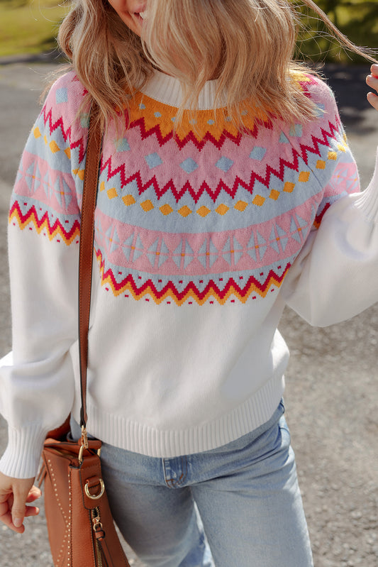 White Ethnic Geometric Colorblock Print Drop Shoulder Sweater - Viraxa