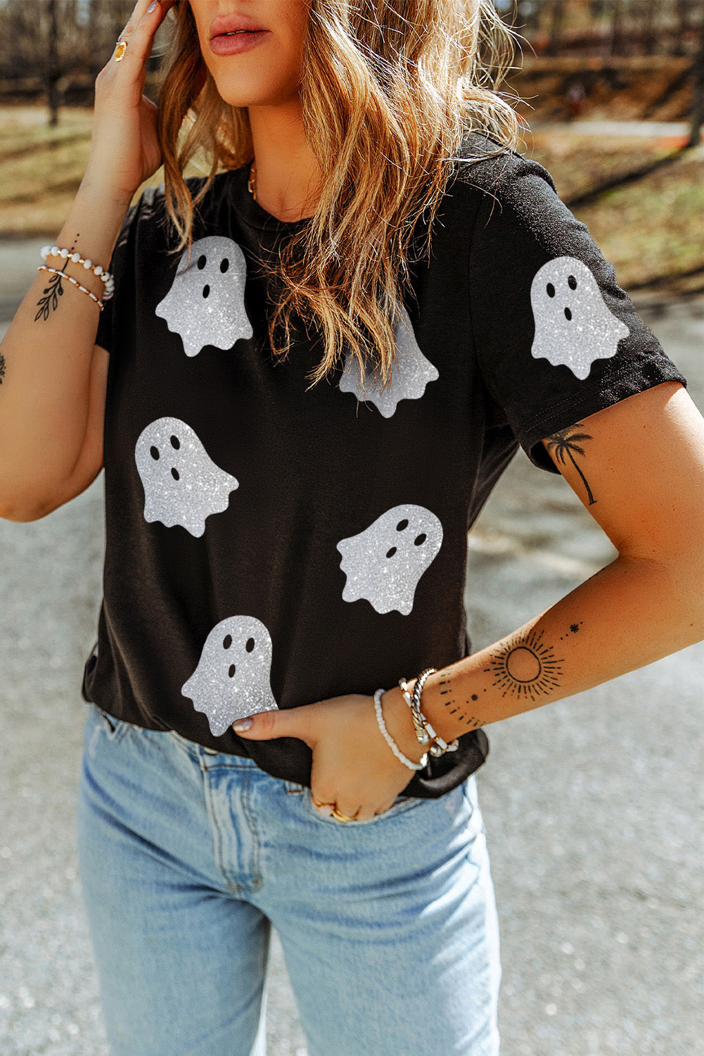 Black Glitter Ghost Pattern Crew Neck Halloween T Shirt - Viraxa
