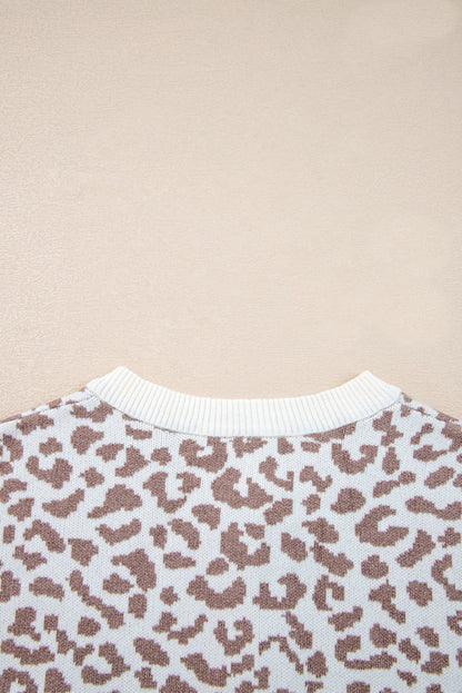 Khaki Leopard Drop Shoulder Chunky Knitted Cardigan Sweater - Viraxa