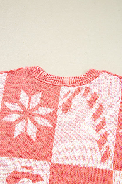 Pink Candycane Snowflake Checker Christmas Holiday Drop Shoulder Tunic Loose Sweater - Viraxa