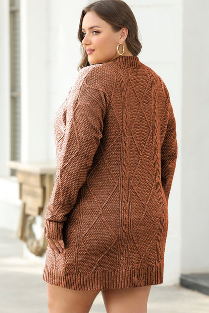 Coffee Cable Knit Drop Shoulder Loose Fit Sweater Dress - Viraxa