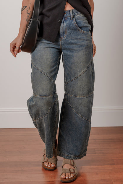 Sail Blue Exposed Stitching Loose Straight High Waist Jeans - Viraxa