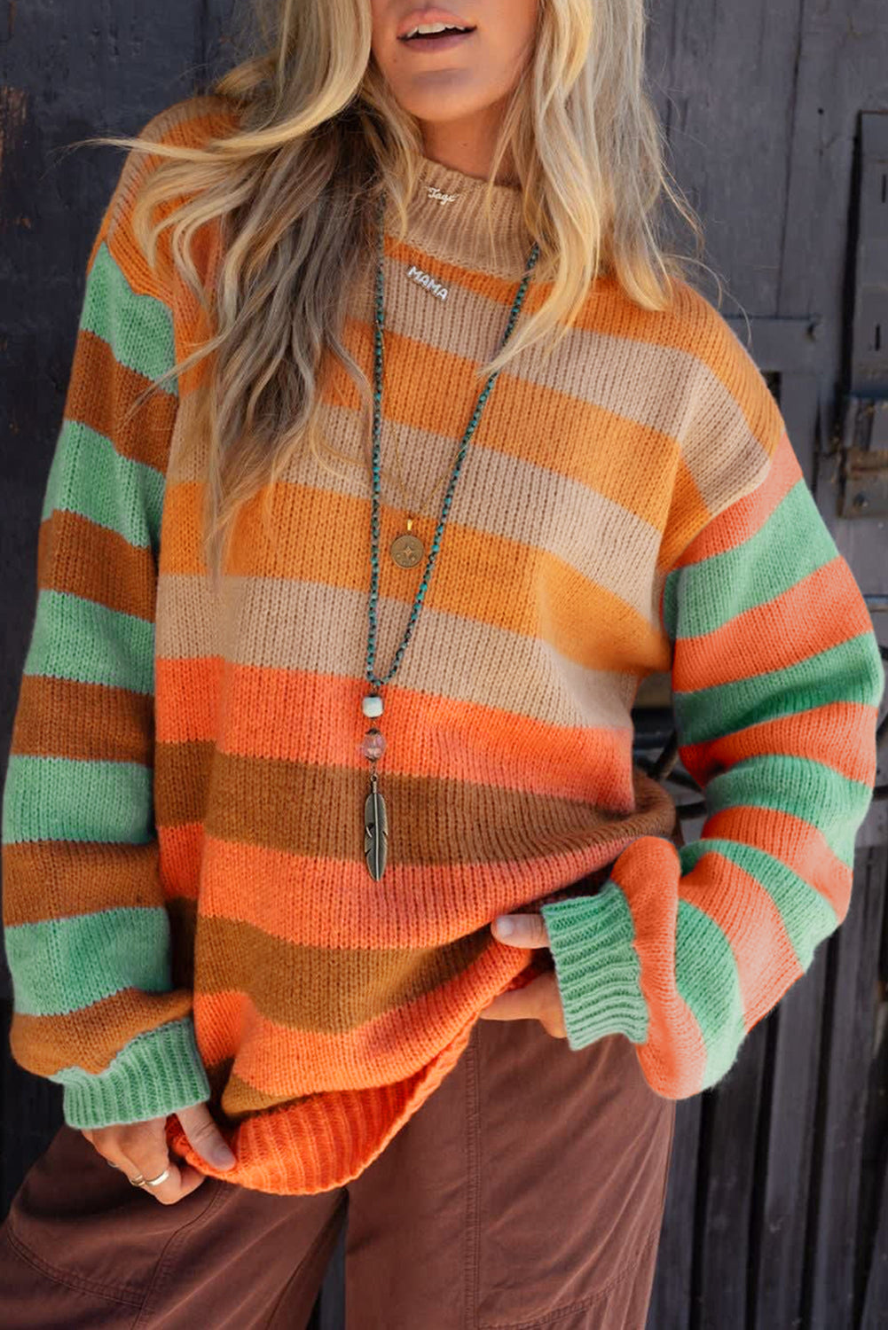 Orange Stripe Color Block High Neck Drop Shoulder Cozy Sweater - Viraxa