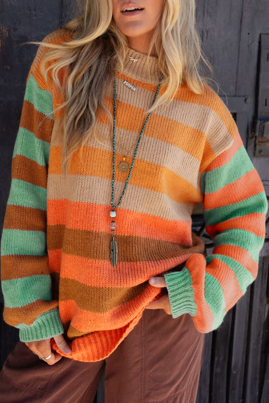 Orange Stripe Color Block High Neck Drop Shoulder Cozy Sweater - Viraxa