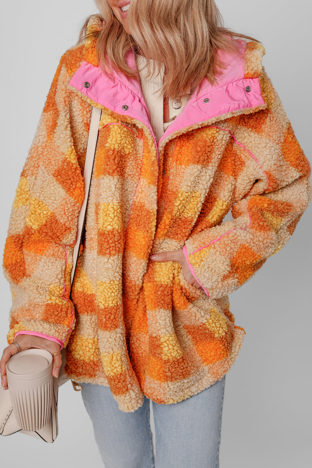 Orange Checkered Sherpa Hooded Jacket - Viraxa