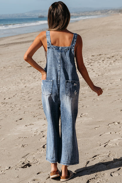 Stone Blue Distressed Bib Pocket Wide Leg Denim Overall - Viraxa