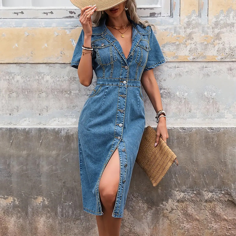 Blue Denim Fashion Slimming Women's Dress
