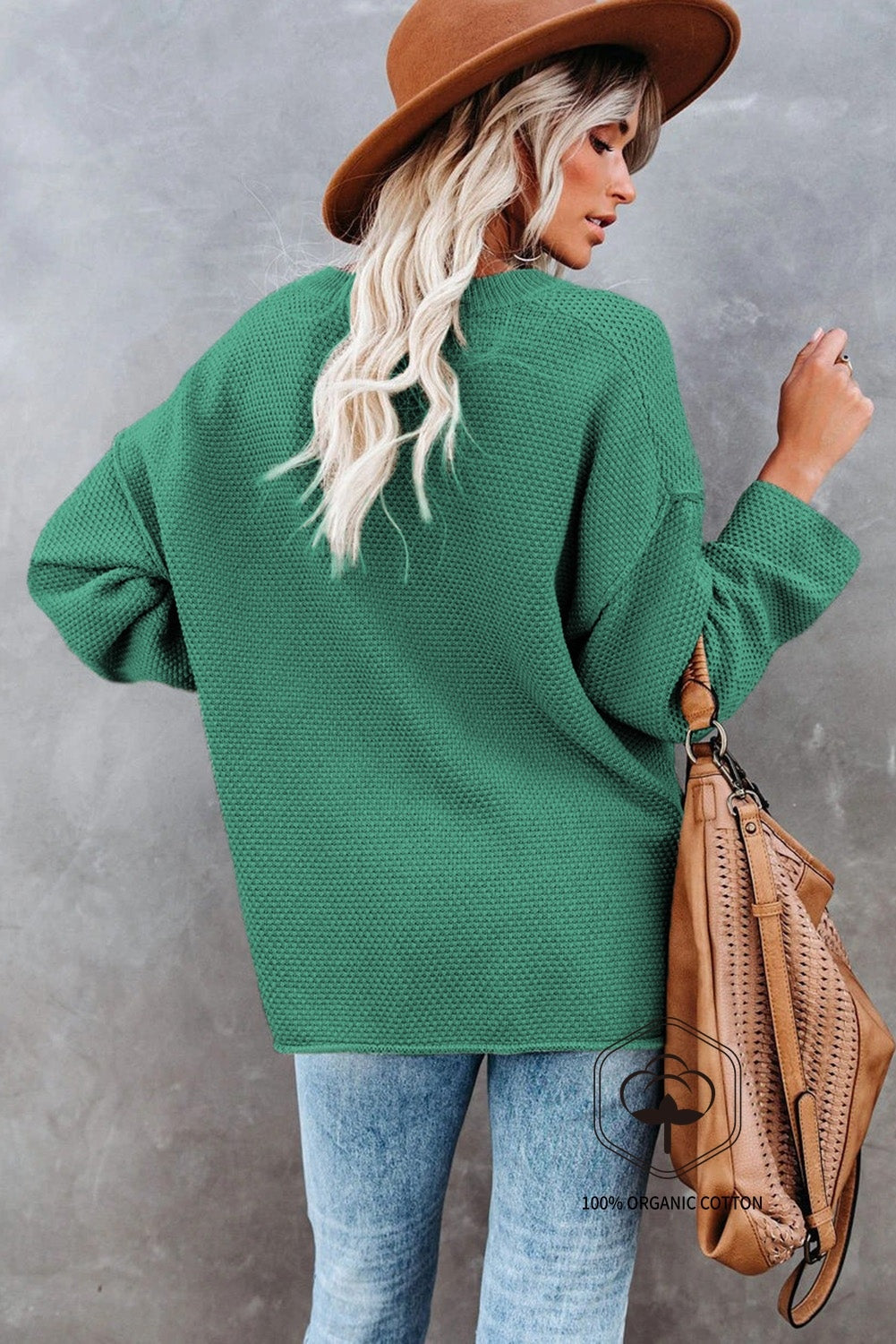 Green Henley Pullover Drop Shoulder Sweater with Slits