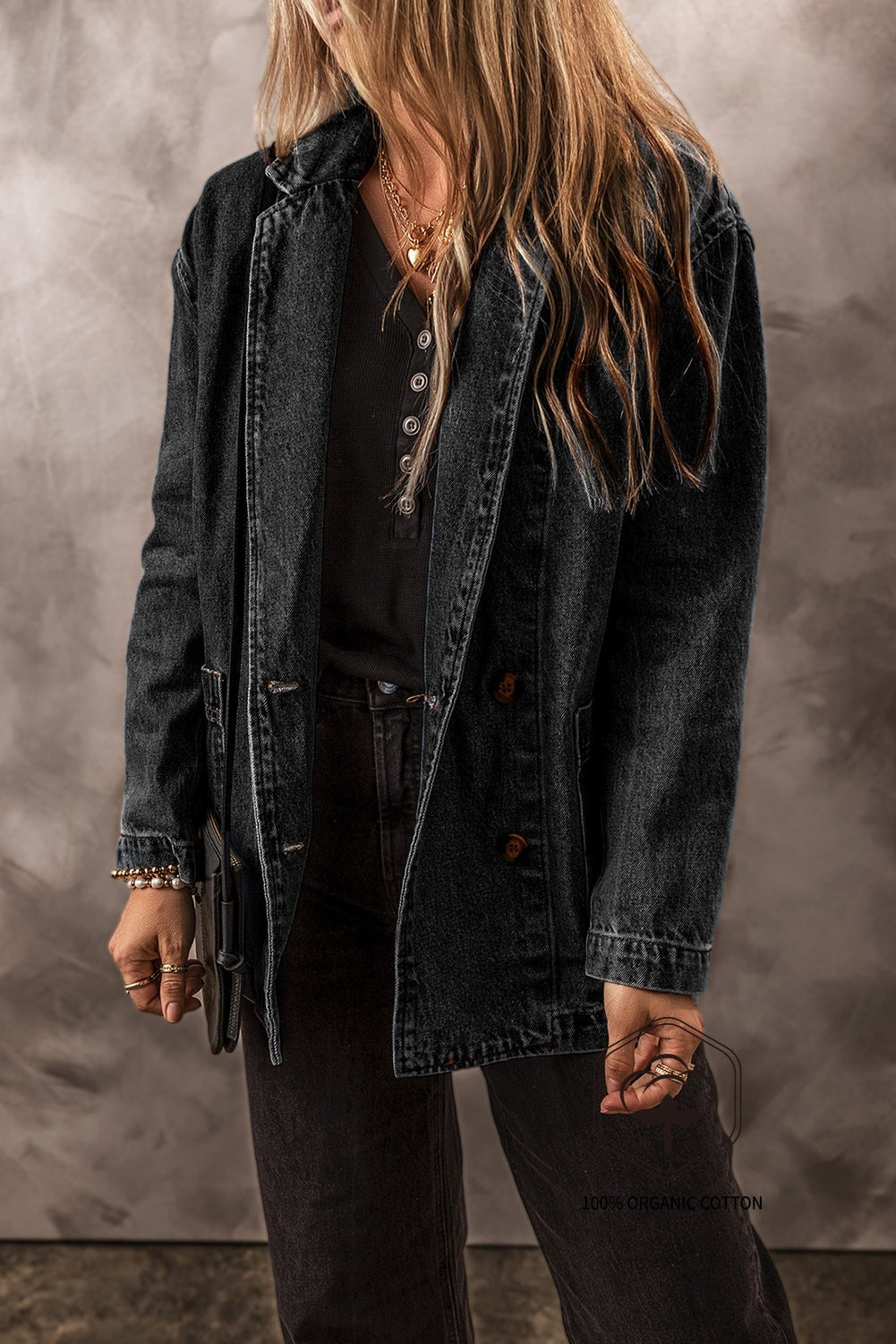 Black Side Pockets Lapel Collar Denim Jacket