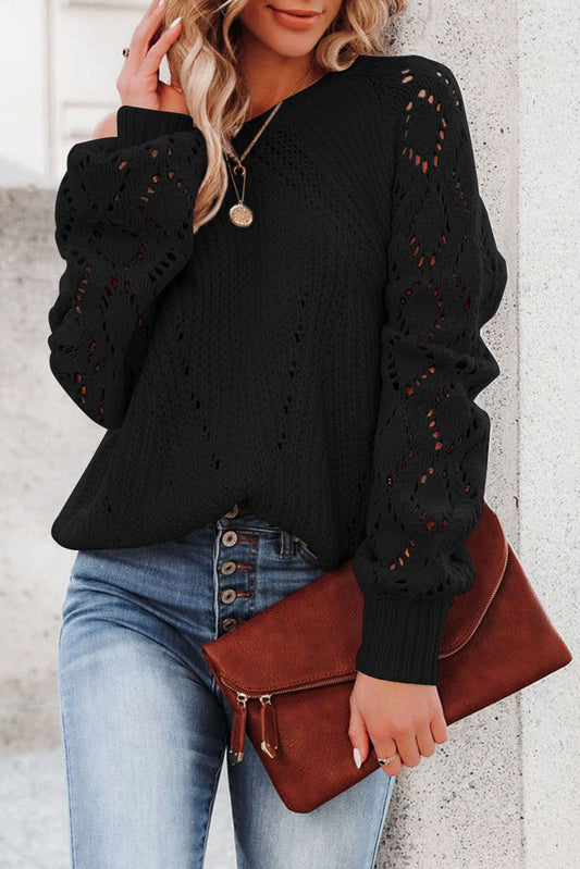 Black Hollow-out Puffy Sleeve Knit Sweater - Viraxa