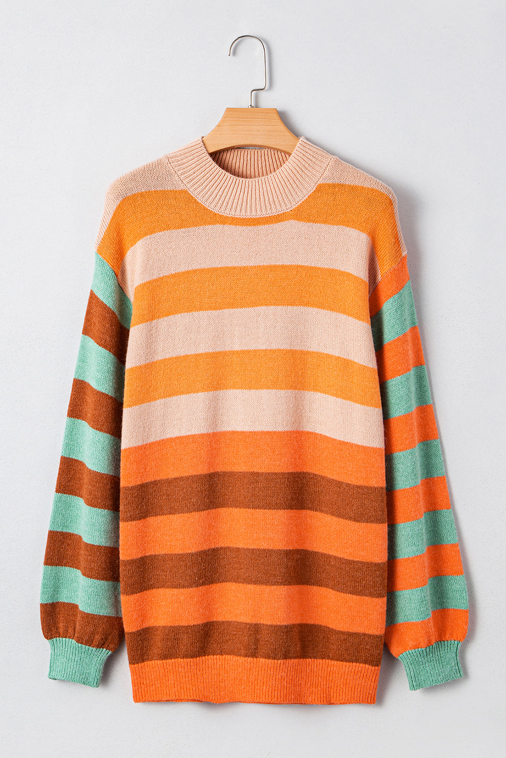 Orange Stripe Color Block High Neck Drop Shoulder Cozy Sweater - Viraxa