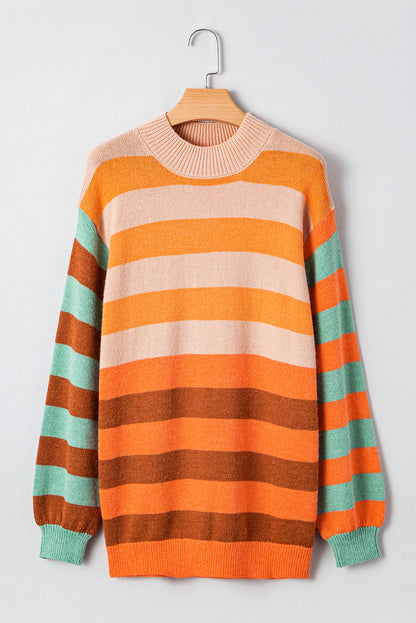 Orange Stripe Color Block High Neck Drop Shoulder Cozy Sweater - Viraxa