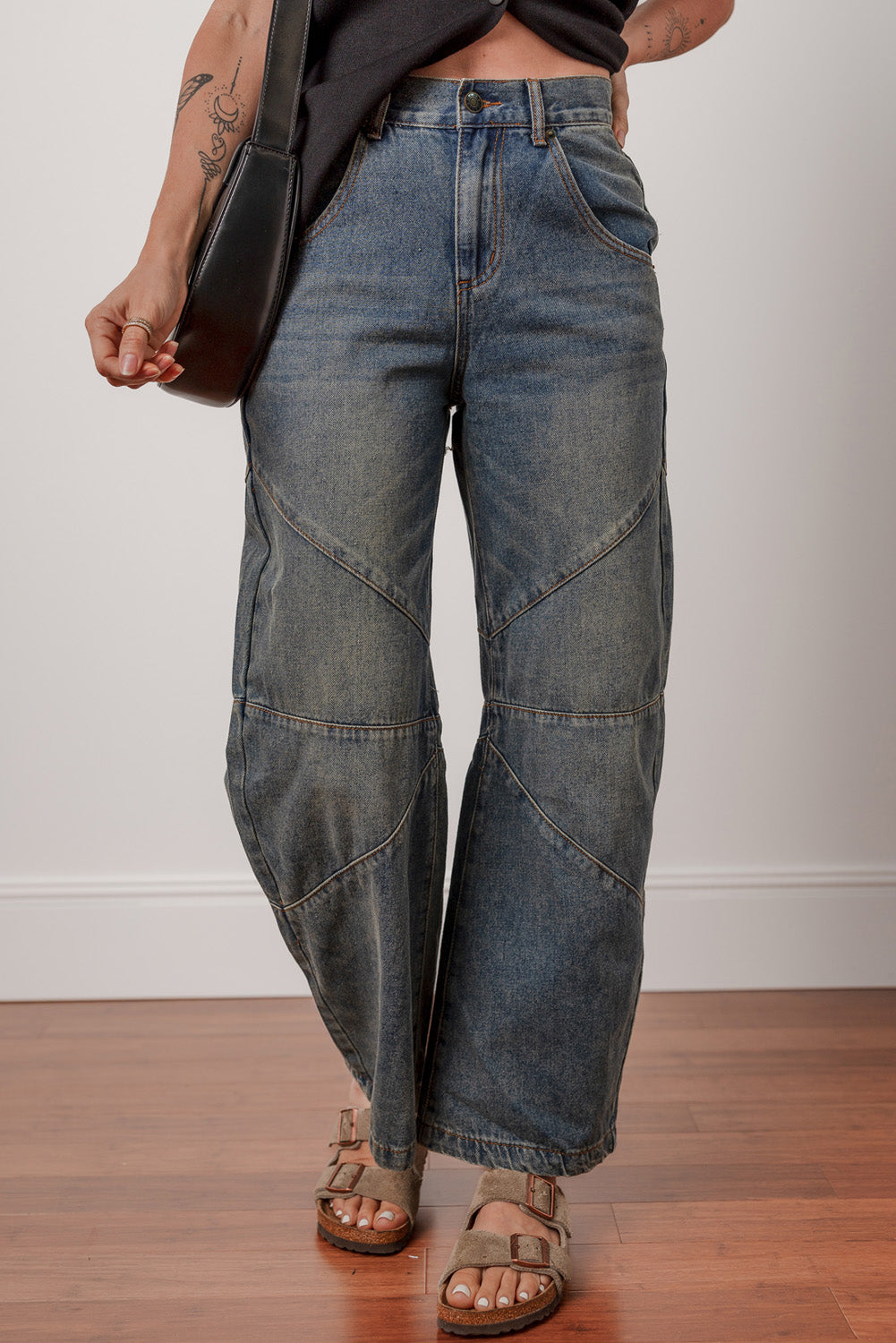 Sail Blue Exposed Stitching Loose Straight High Waist Jeans - Viraxa