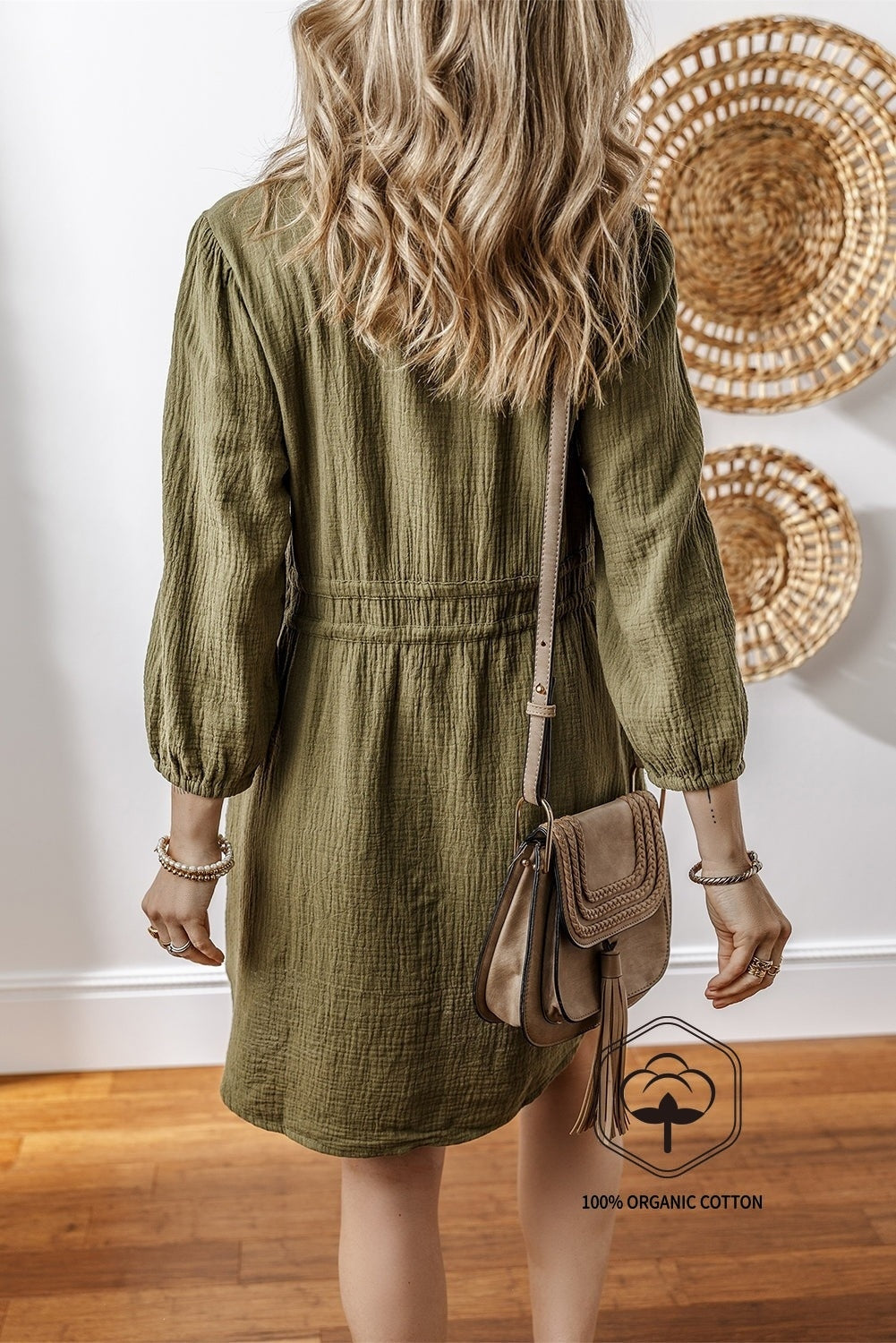 Jungle Green Textured Bracelet Sleeve Collared Button Up Dual Tied Mini Dress