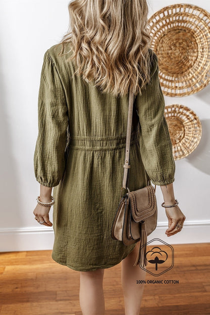 Jungle Green Textured Bracelet Sleeve Collared Button Up Dual Tied Mini Dress