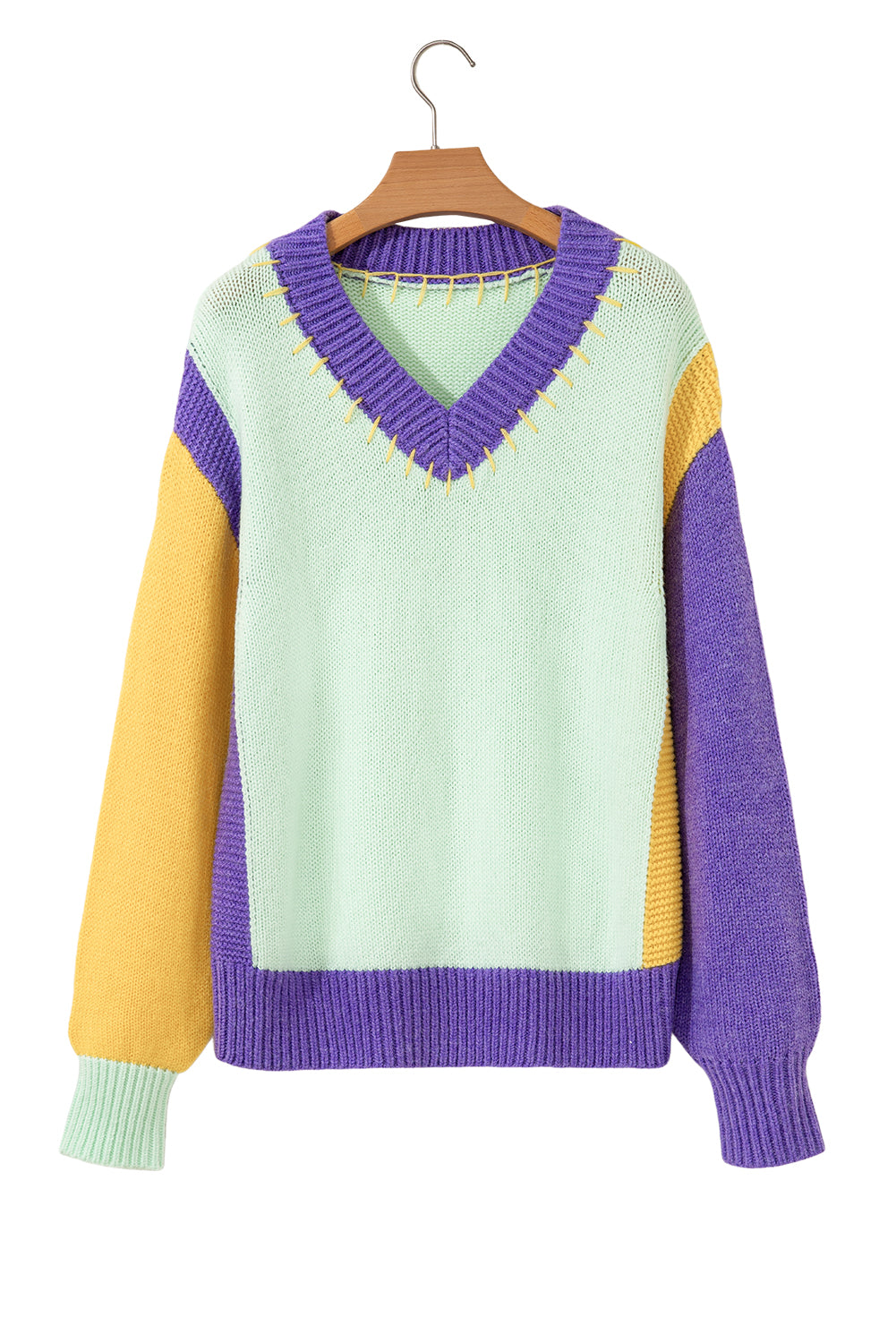 Green Stitched V Neck Color Block Knitted Drop Shoulder Sweater - Viraxa